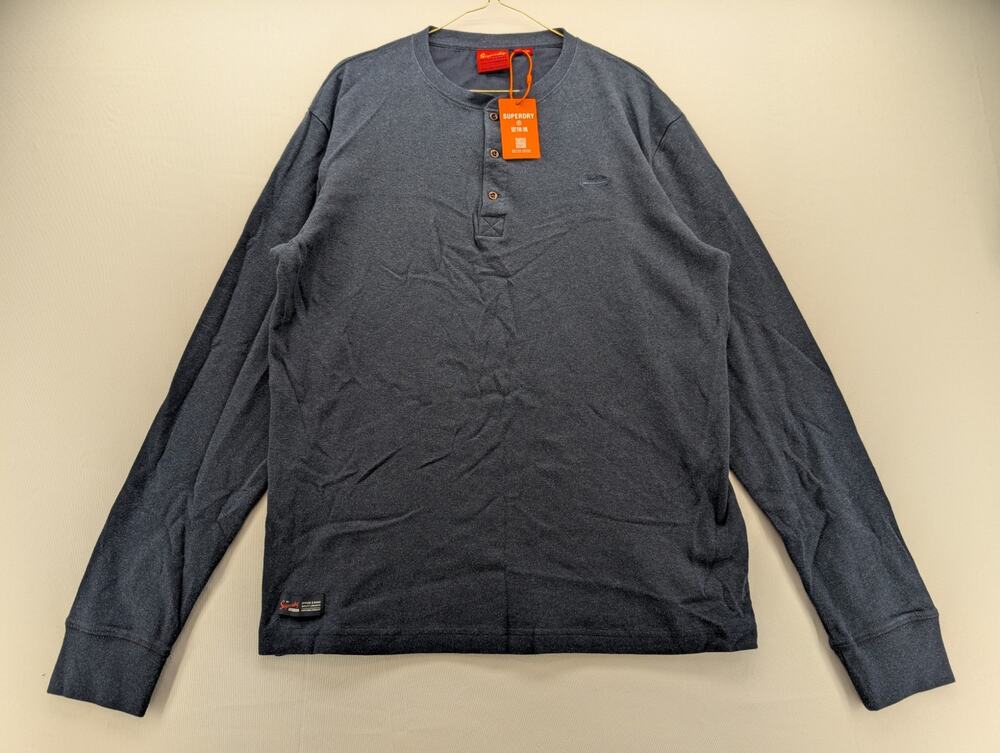 NWT Superdry VLE Mid Weight Long Sleeve Henley in Trench Navy Marl Size XL